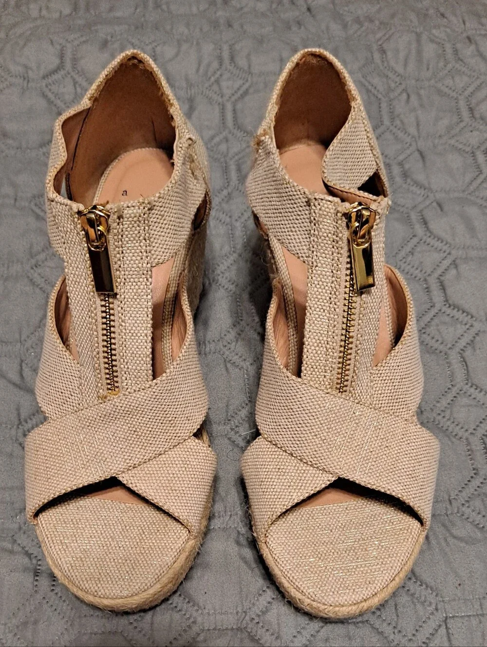 A New Day Beige Linen-Look Women's Espadrille Wedge Sandals - Zip Front 7.5